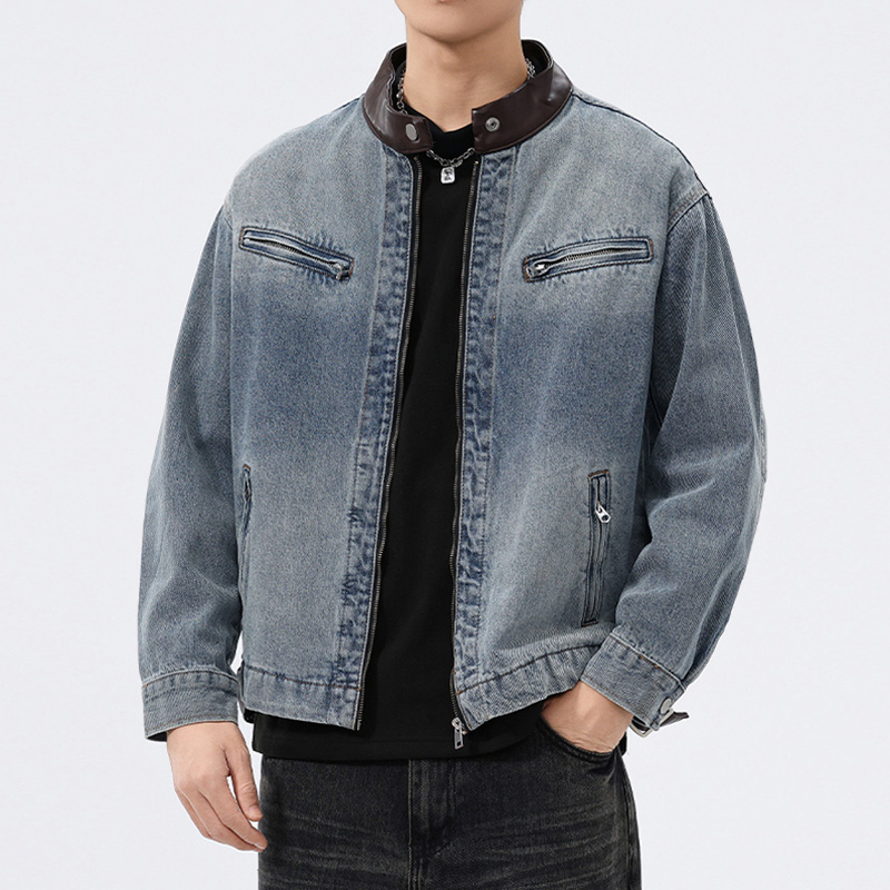 Riding Jacket Leather - Stand Leather Collar Denim Jacket Men